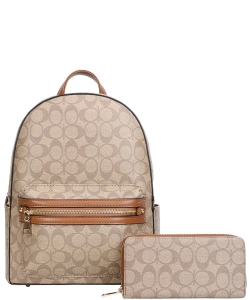 2 In 1 Oval Pattern Zipper Backpack with Wallet Set FT-8578W BROWN